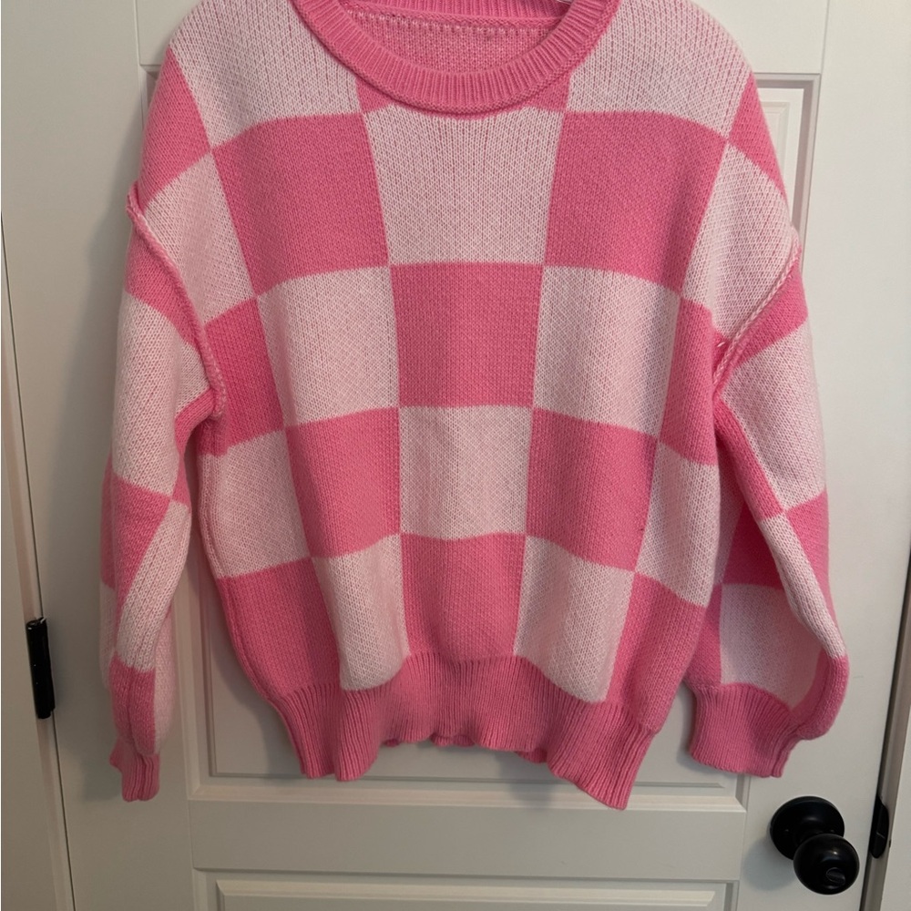 Amazon Pink and White Plaid Sweater